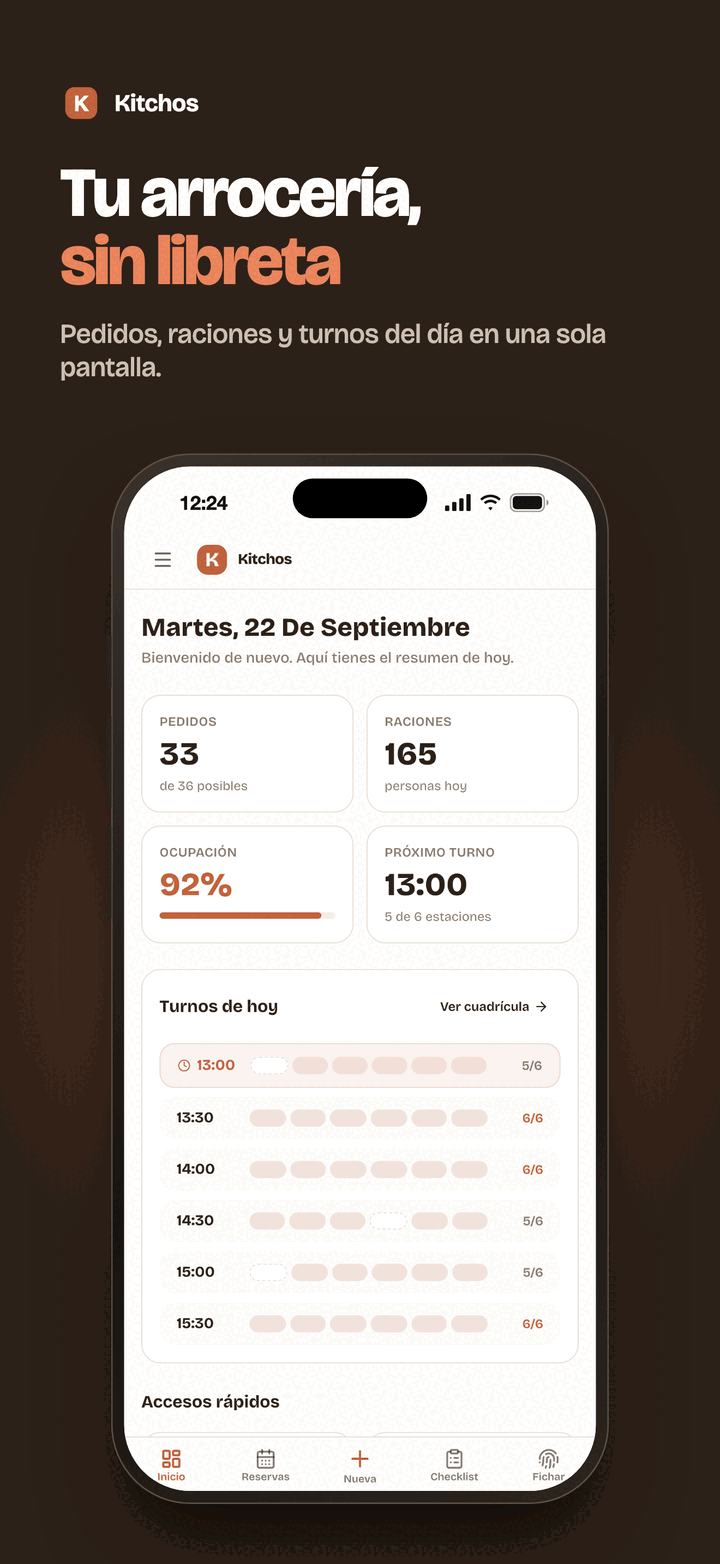 Tu arrocería, sin libreta. Pedidos, raciones y turnos del día en una sola pantalla.